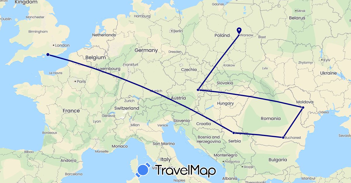 TravelMap itinerary: driving in Austria, United Kingdom, Moldova, Poland, Romania, Serbia (Europe)