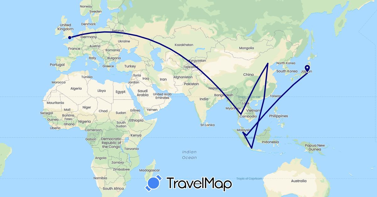TravelMap itinerary: driving in China, United Kingdom, Indonesia, Japan, Malaysia, Singapore, Thailand (Asia, Europe)