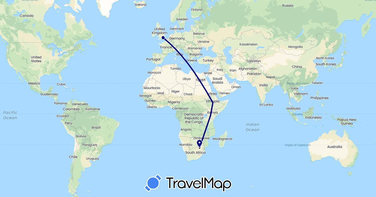 TravelMap itinerary: driving in Ethiopia, United Kingdom, Kenya, South Africa (Africa, Europe)