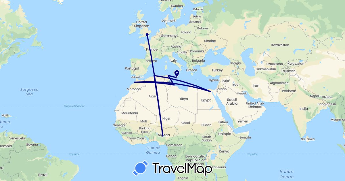 TravelMap itinerary: driving in Algeria, Egypt, United Kingdom, Libya, Morocco, Malta, Nigeria, Tunisia (Africa, Europe)